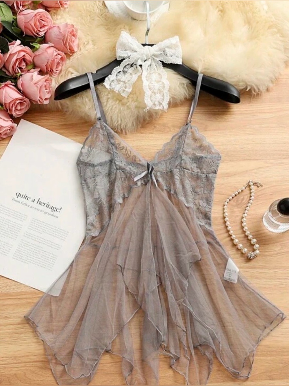 Sheer Delicate Lace Open Front Waterfall Chemise Slip Top in Gray. Size M